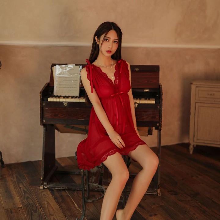Váy ngủ ren sexy bẹt vai mặc hai kiểu đồ ngủ big size voan thun màu bột đậu lạ mắt
