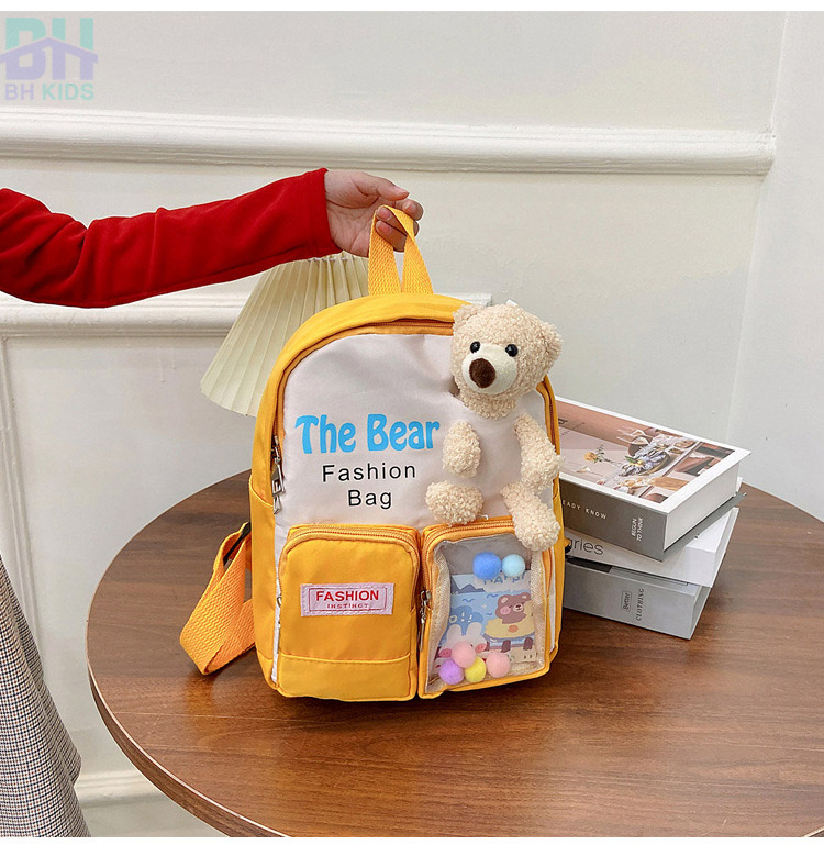 Balo kèm gấu bông xinh xắn BH Kids, chất vải Canvas, phù hợp với bé mẫu giáo, mầm mon - BHS34