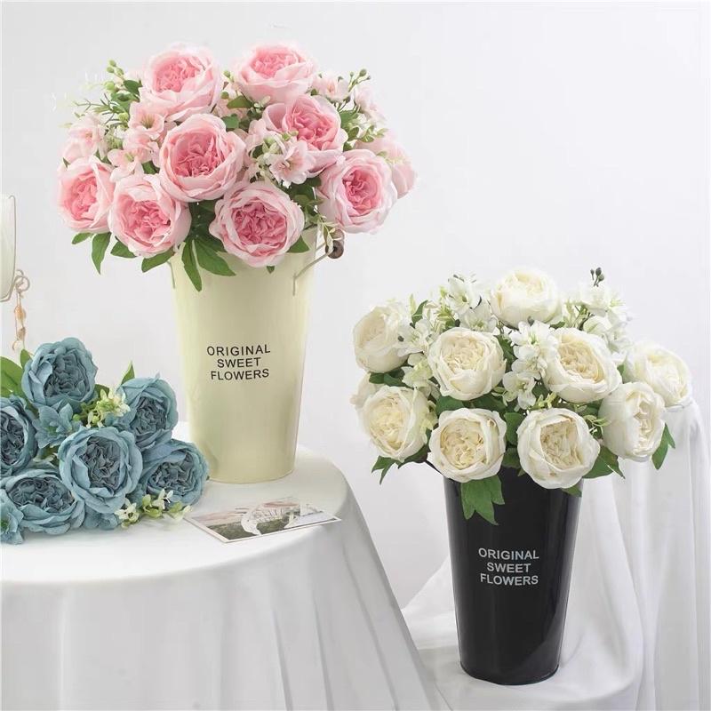 Hoa hồng lụa, hoa mẫu đơn luạ giả cao cấp 6 bông 3 hoa nhánh hoa phụ , Trang trí , Trà quý tộc, Hoa giả để bàn