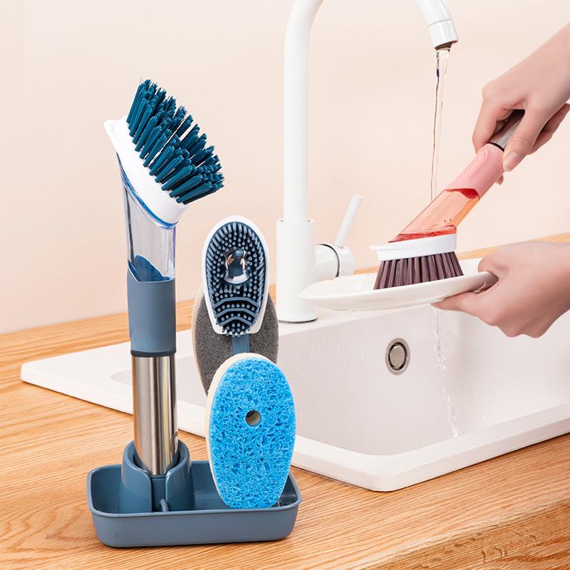 5PCS Xà phòng rửa chén Bàn chải rửa sạch Bàn chải chà với 4 đầu thay thế và giá lưu trữ
