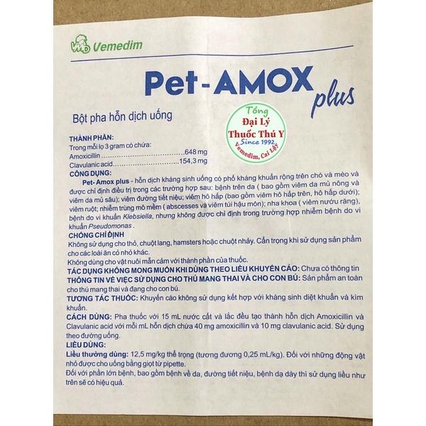 Pet amox plus tốt cho tiêu hoá, hô hấp, viêm da, nhiễm trùng trên chó mèo . lọ bột 3g pha huyễn dịch uống