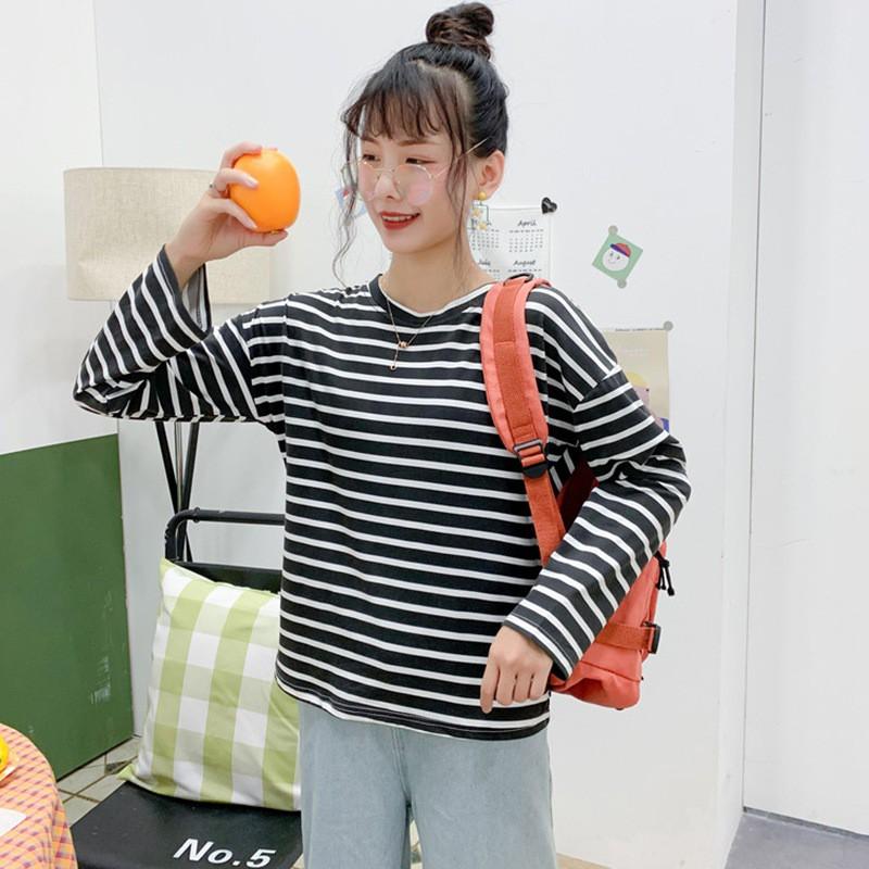 Áo Thun Nữ Tay Dài Họa Tiết Kẻ Sọc Ngang Thời Trang
