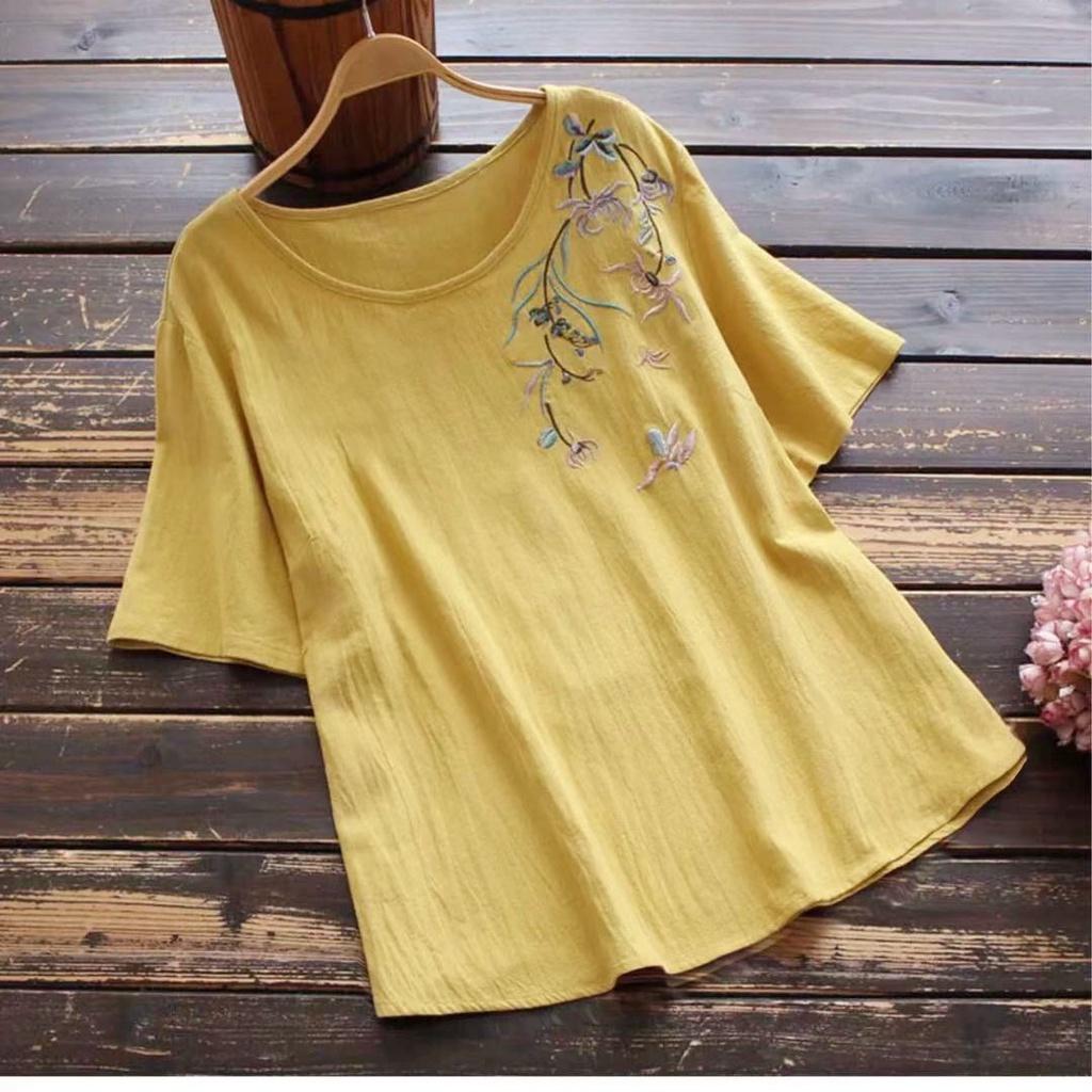 Áo trung niên nữ cộc tay in hoa, Áo đủ size chất vải mát mịn Đũi Việt A18