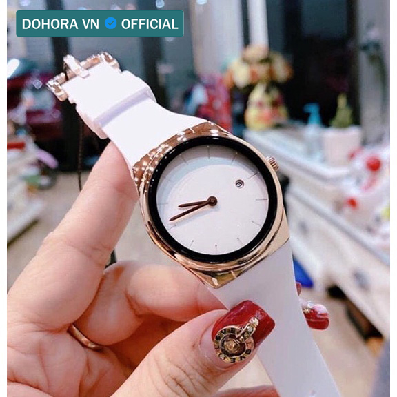 Đồng hồ thời trang nữ DOHORA VN DSDH103 mặt tròn có lịch dùng pin mẫu mới cực hot máy pin chống nước sinh hoạt nhẹ dây Silion dành cho học sinh cấp 2 sinh viên - Hàng nhập khẩu