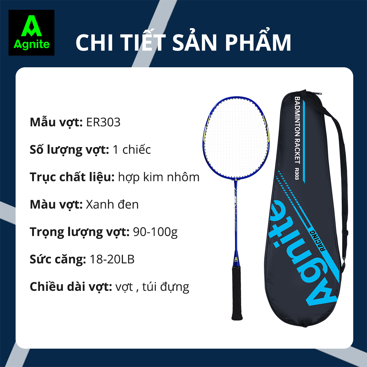 Vợt cầu lông đơn cao cấp Agnite chính hãng - khung carbon siêu bền, nhẹ, đẹp - tặng kèm túi đựng, căng sẵn dây - ER303