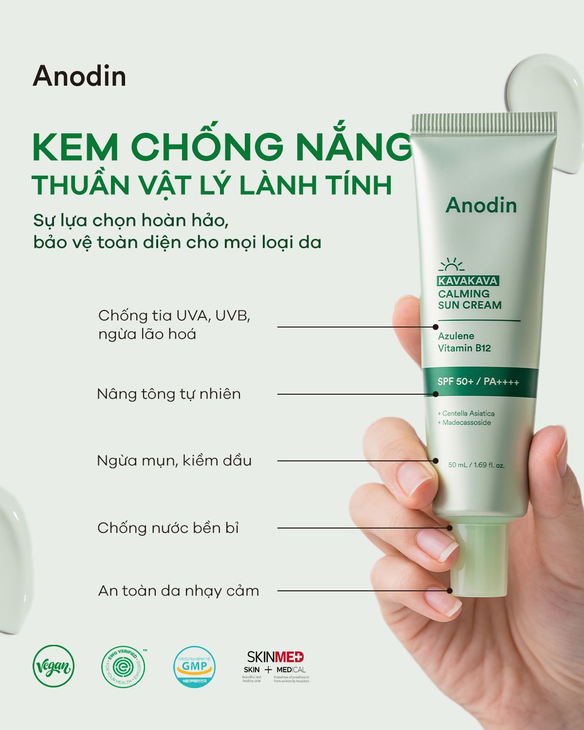 Kem chống nắng rau má kiềm dầu nâng tông cho da dầu, nhạy cảm Anodin Kava Kava Calming Suncream 50ml