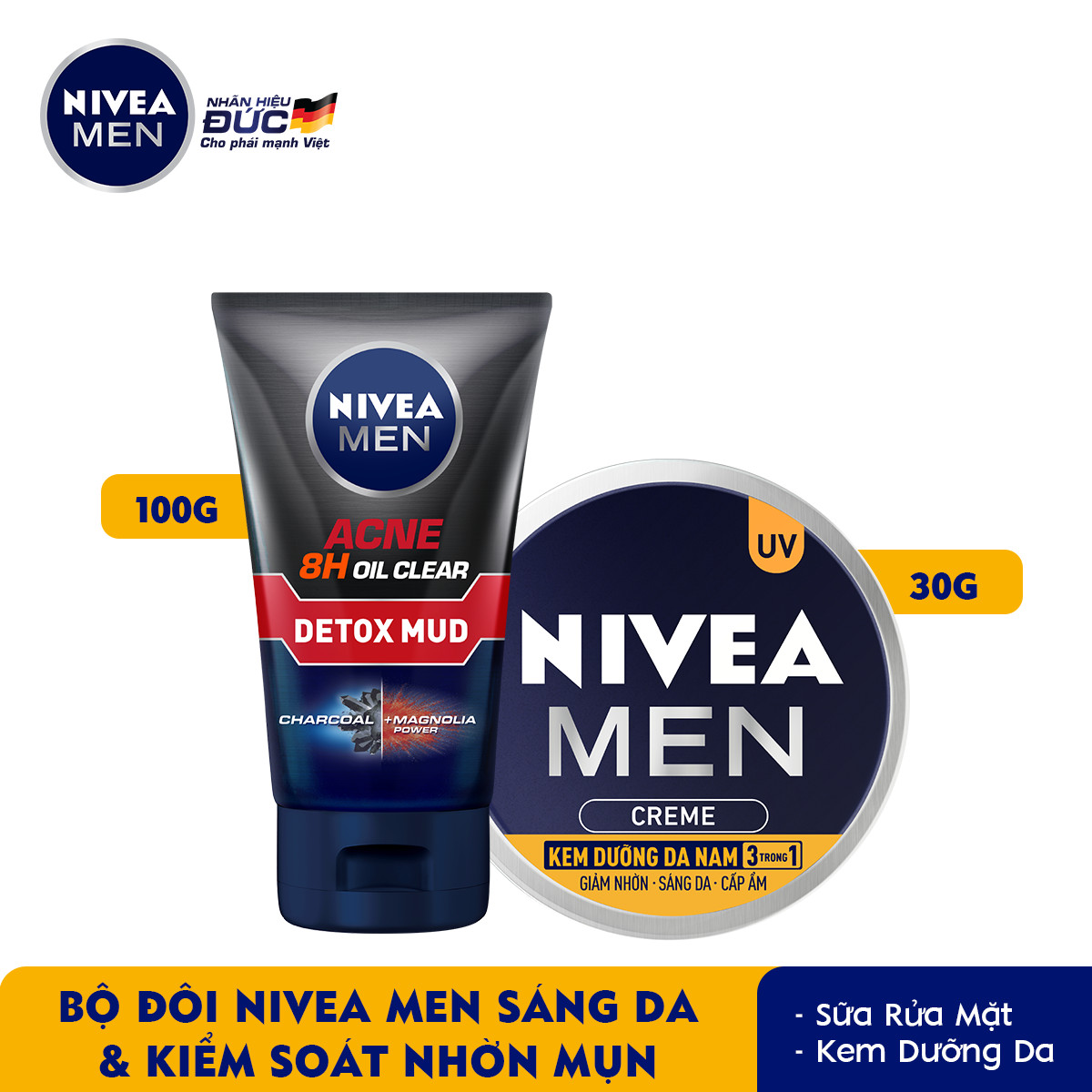 Combo NIVEA MEN chăm sóc da cho nam Sữa rửa mặt Detox Bùn khoáng giảm mụn (83940) &amp; Kem dưỡng da 3in1 giúp sáng da cấp ẩm (83923)