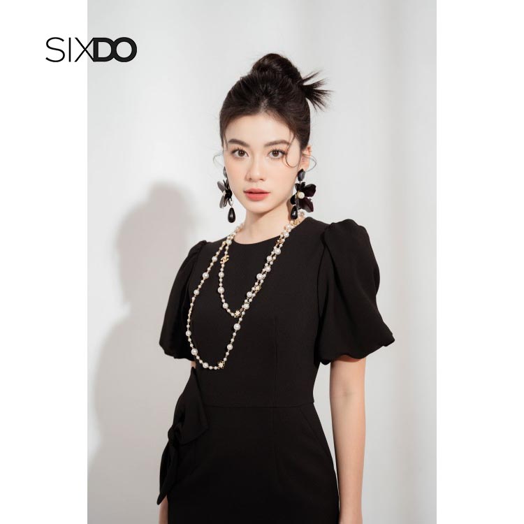 Đầm midi tay bồng xẻ nơ eo thời trang SIXDO