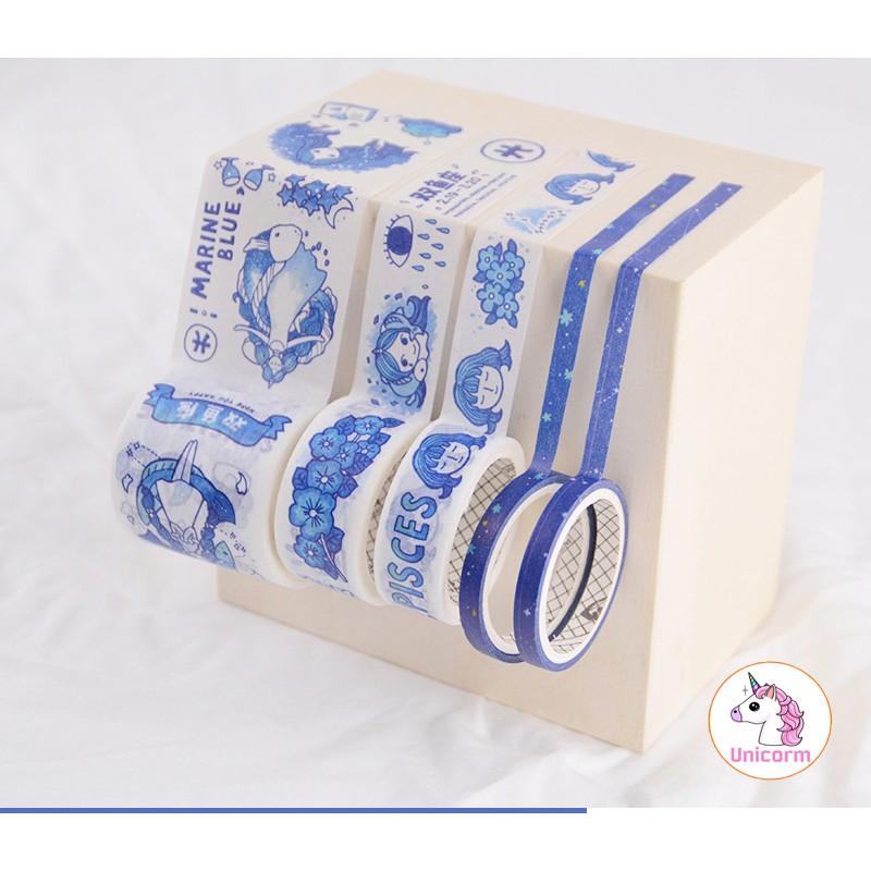 Set 5 cuộn băng dính - washi tape 12 cung hoàng đạo blue trang trí sổ