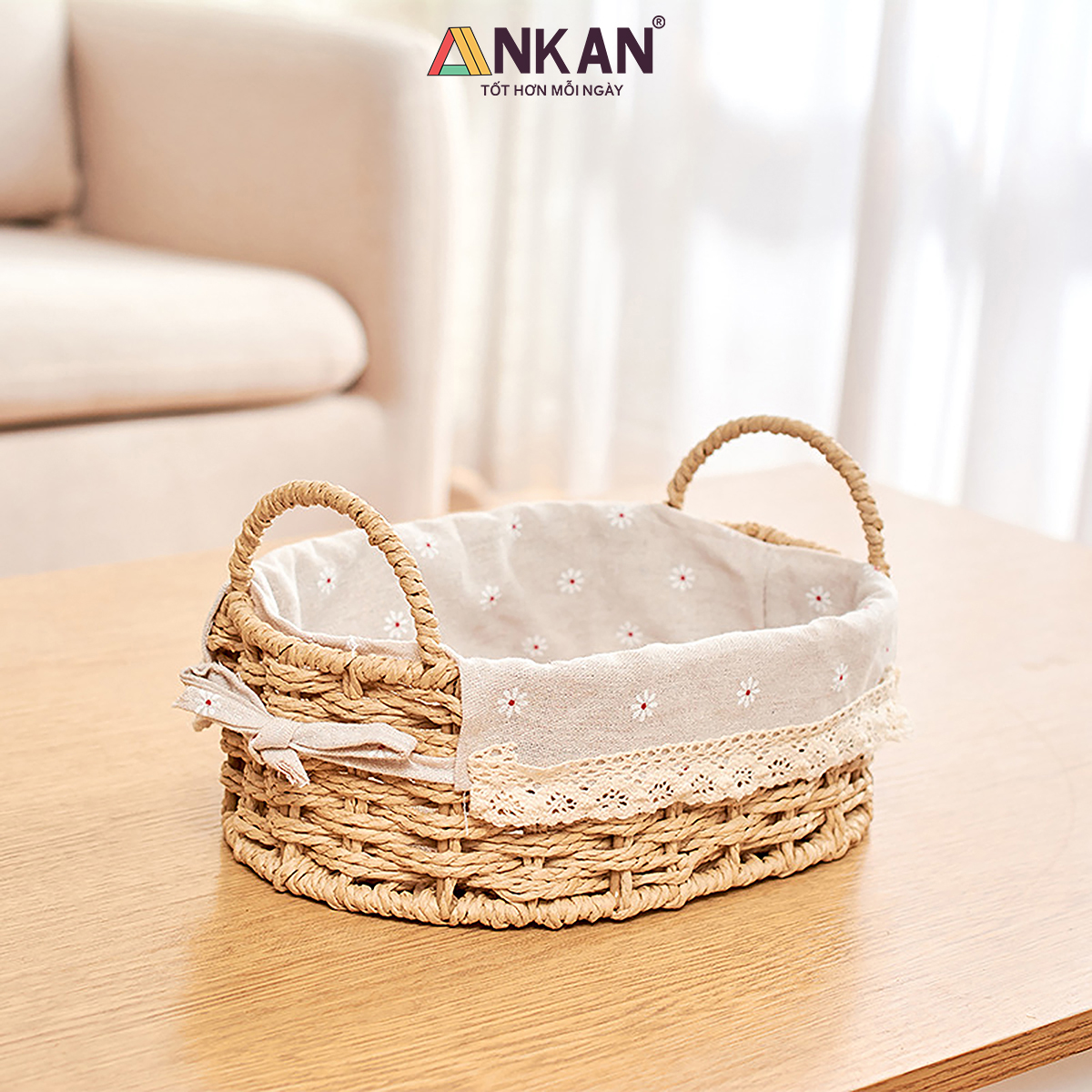 Giỏ Đựng Đồ Ăn Vặt Có Quai Hình Bầu Dục Lót Vải Hoa – Sợi Giấy Cán Mỏng Nhẹ Bền, Dễ Vệ Sinh