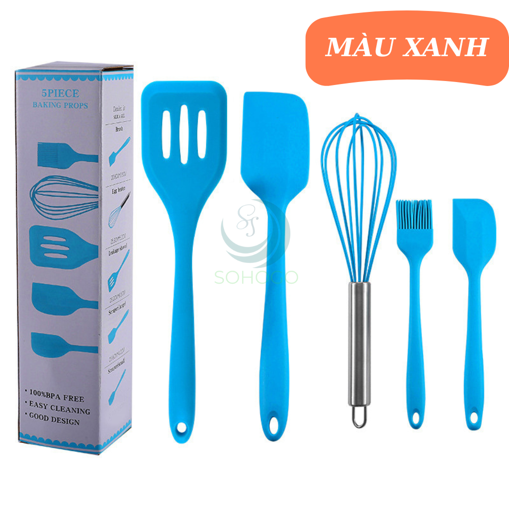 Bộ Dụng Cụ Nấu Ăn Silicone Chống Dính 5 Món Combo Dụng Cụ Nấu Ăn Đa Năng  Chất Liệu Silicone Cao Cấp Bộ Dụng Cụ Nhà Bếp Silicone Chống Nóng, An Toàn Cho Sức Khỏe – Xanh