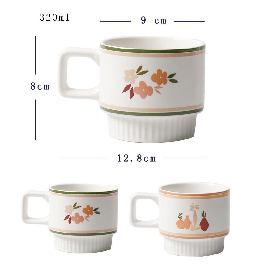 Cốc sứ uống trà, cafe 320ml in hình hoa vintage phong cách Bắc Âu