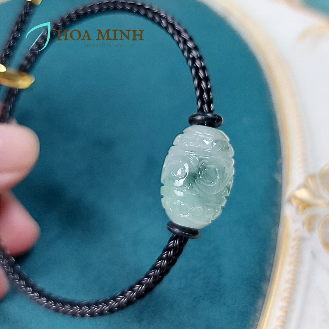 Vòng dây cáp phối lu thống Cẩm Thạch hoa bay chạm vân mây size 12x17mm phong thủy may mắn