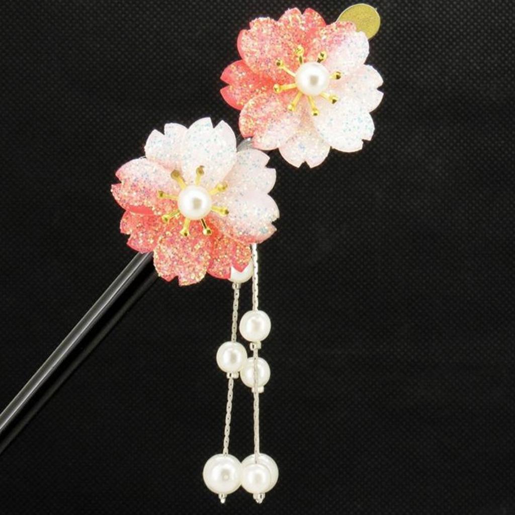 Women Bridal Flowers Acrylic Hair Stick with Pearl Tassels Hair Pin Hair Accessories