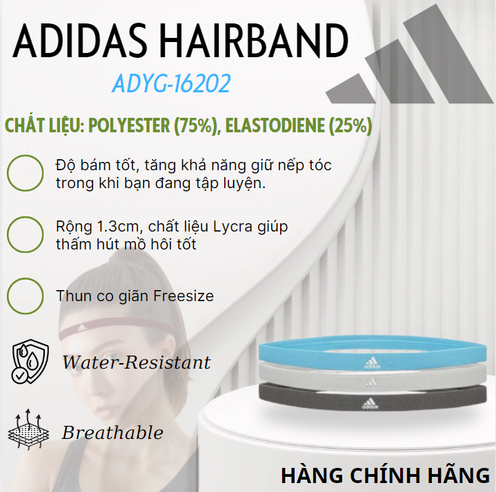 Băng Đô Thể Thao Freesize Chính Hãng ADIDAS ADYG-16202 Hairband (Bộ 3 Sợi) - Thun Co Giãn Cao Cấp