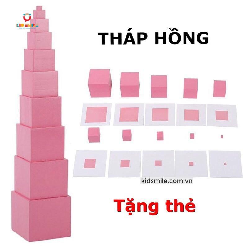 Giáo Cụ Montessori cơ bản thuộc lĩnh vực cảm quan gồm Bộ trụ có núm, không núm, thang nâu, tháp hồng