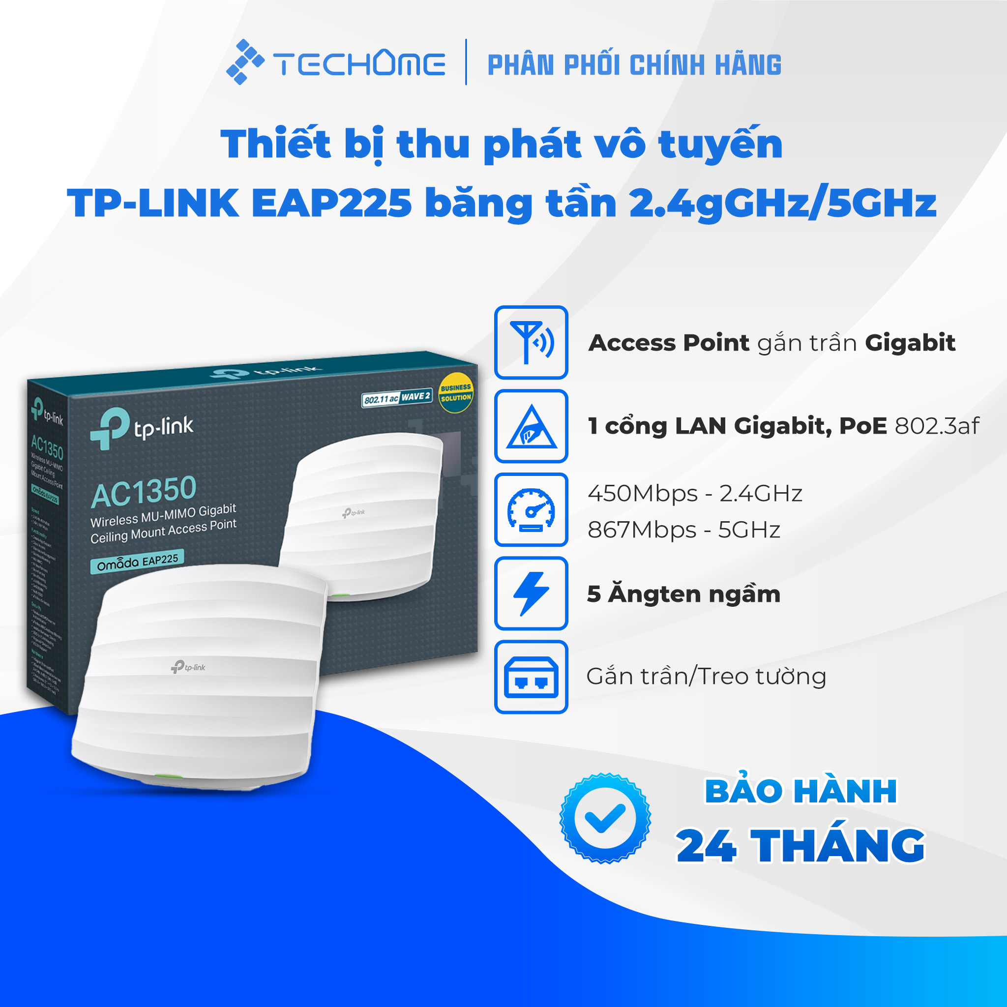 Thiết bị thu phát vô tuyến TP-LINK EAP225 băng tần 2.4GHz / 5GHz - Hàng chính hãng