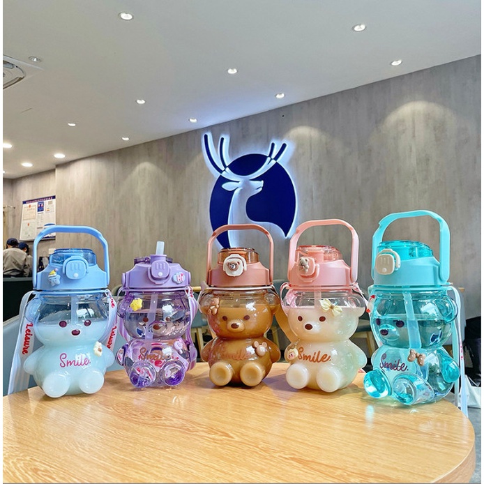 BÌNH TRÀ SỮA HÌNH GẤU CUTE 1100ML , CÓ DÂY - HT