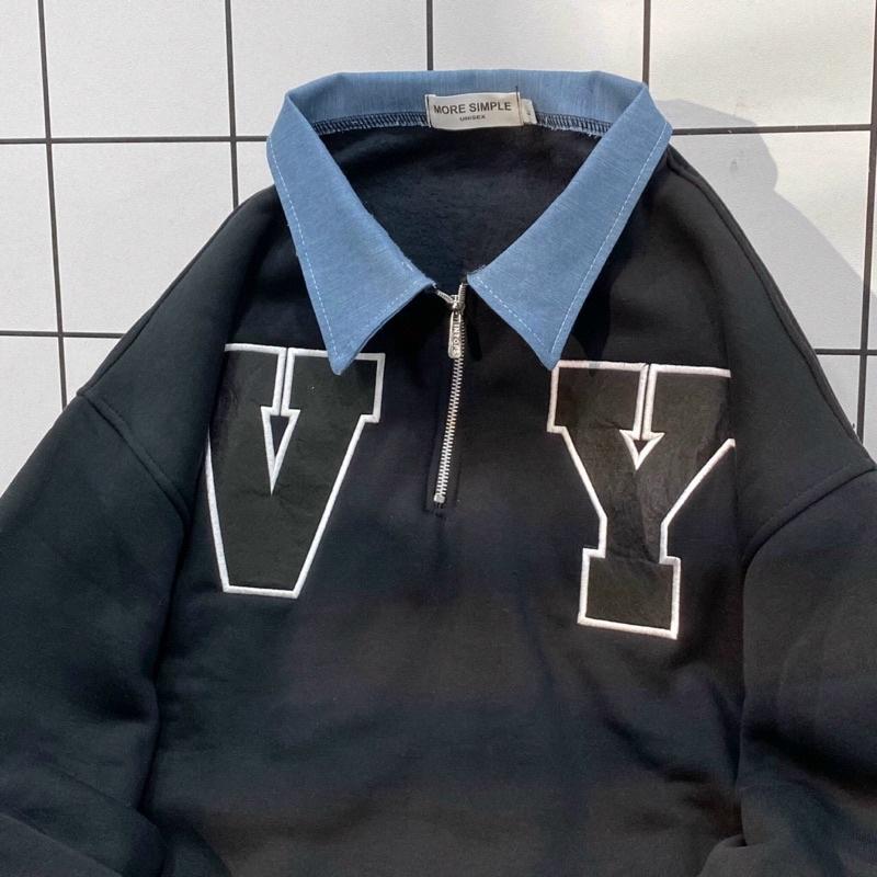 Áo Sweater V.Y Phối Zip Vải Nỉ Bông Form Rộng Ulzzang Unisex Nam nữ unisex Áo Sweater có cổ Jaystoree