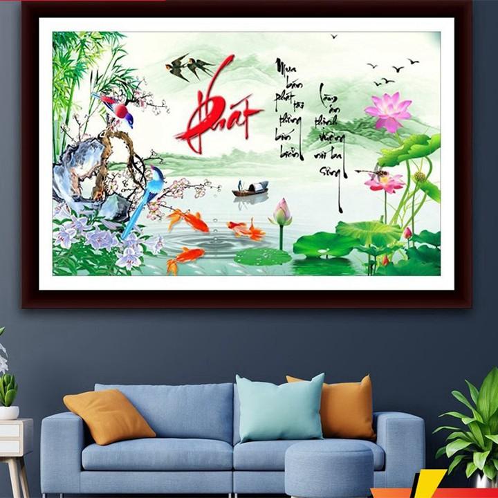 Tranh thêu chữ phát hoa sen LV3381 - kích thước: 75 * 50cm.
