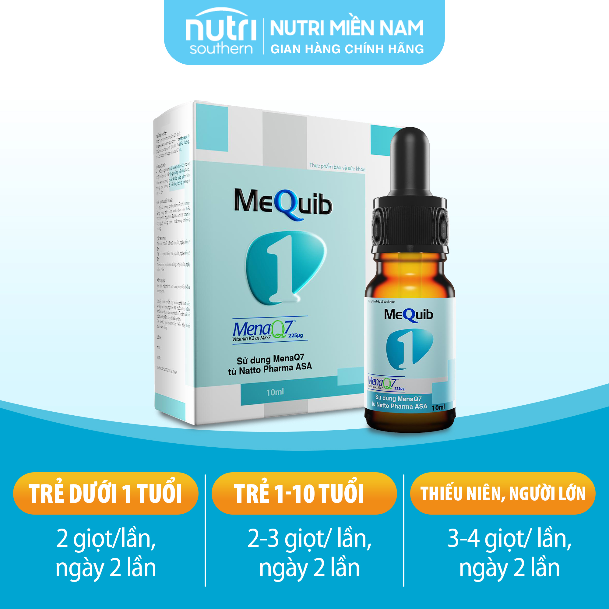 Vitamin D3 K2 MK7 MenaQ7 MEQUIB 1 - Giúp tăng cường hấp thu canxi và phát triển chiều cao (chai 10ml)