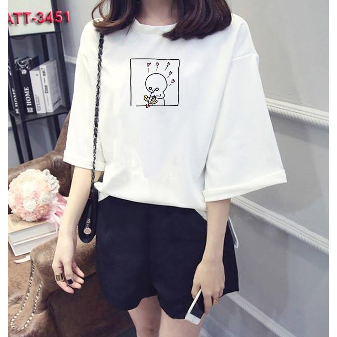 Áo thun nữ tay lỡ Hàn Quốc form rộng in hình thiên thần tính yêu vải dày mịn TEEWOTL98