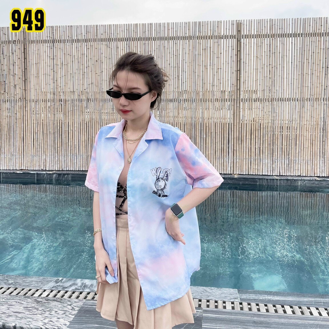 Áo sơ mi nữ form rộng tay ngắn loang màu nổi bật chất lụa mềm cao cấp chất xịn