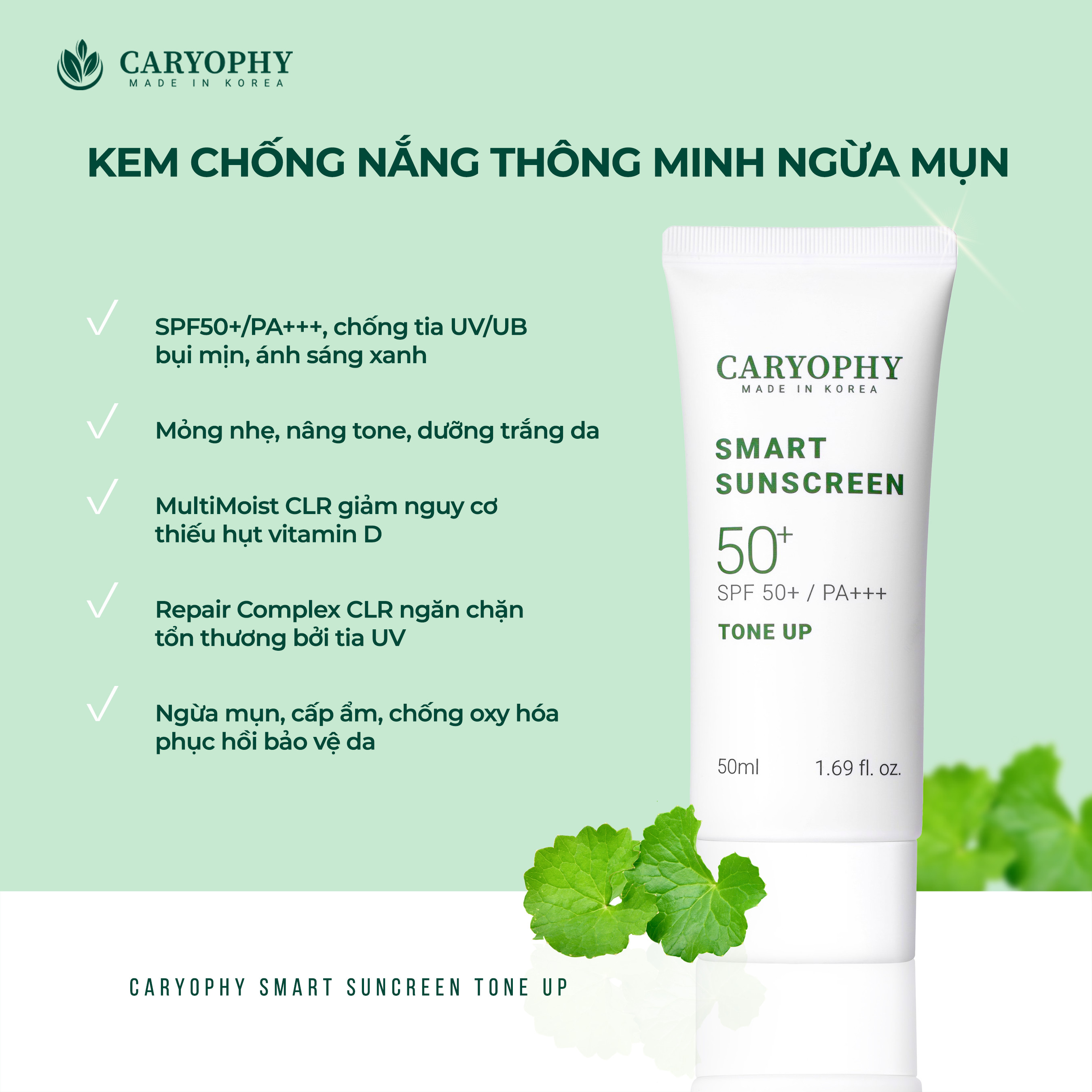 Kem chống nắng thông minh Caryophy Smart Sunscreen SPF50+ PA++ + TONE UP 50ml + Tặng kèm 1 Băng Đô Tai Mèo (MÀu Ngẫu Nhiên)