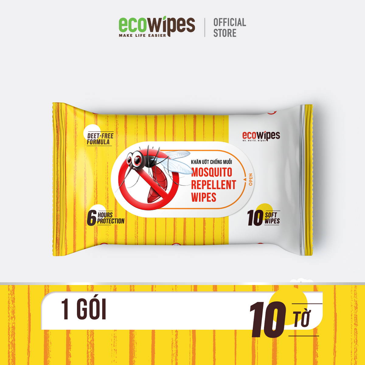 Khăn ướt chống muỗi Ecowipes gói 10 tờ Mosquito Repellent Wipes giúp làm sạch vết mẩn ngứa vừa chống muỗi đốt lên đến 6h an toàn cho làn da nhạy cảm của trẻ