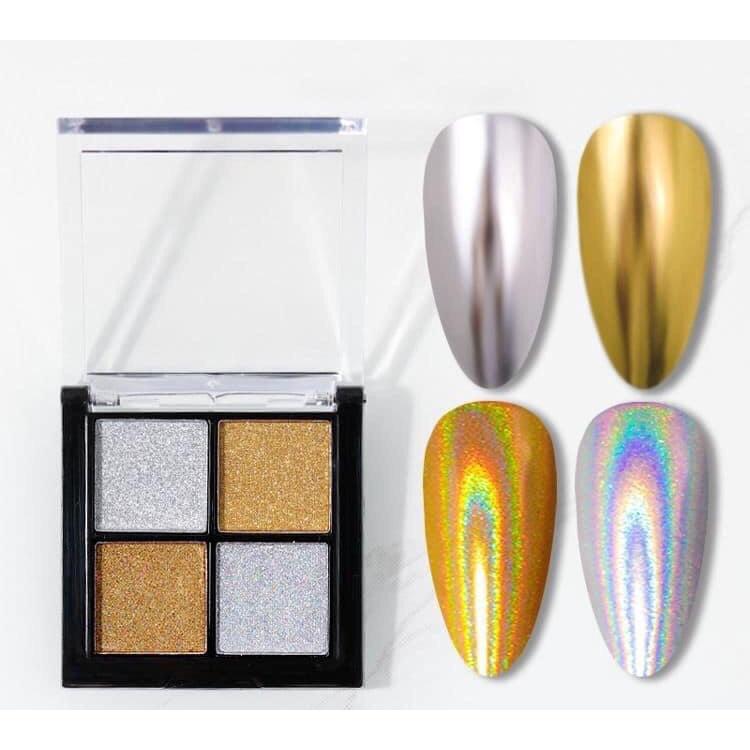 Set tráng gương dạng nén 4 màu Vàng - Bạc - Vàng -Bạc cầu vồng dành cho Nail