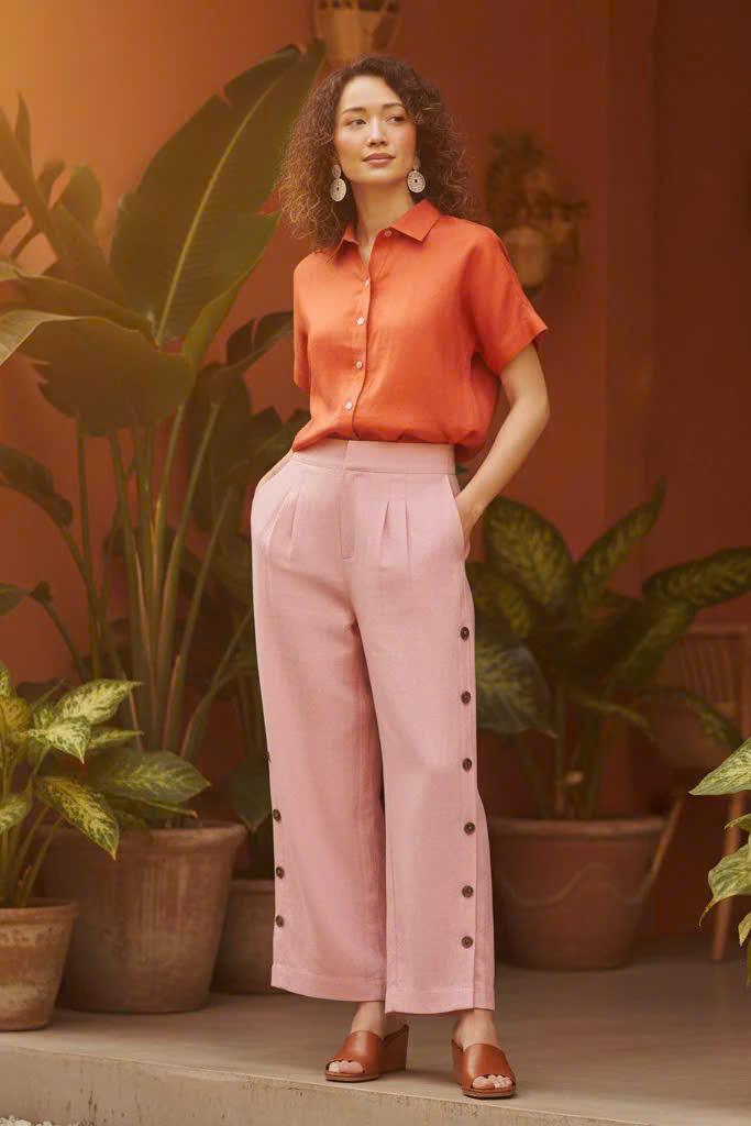 Quần Ống Rộng Xẻ Linen Anh Đào, Quần Culottes Ống Rộng Xẻ Đính Nút Linen Hồng Pan068