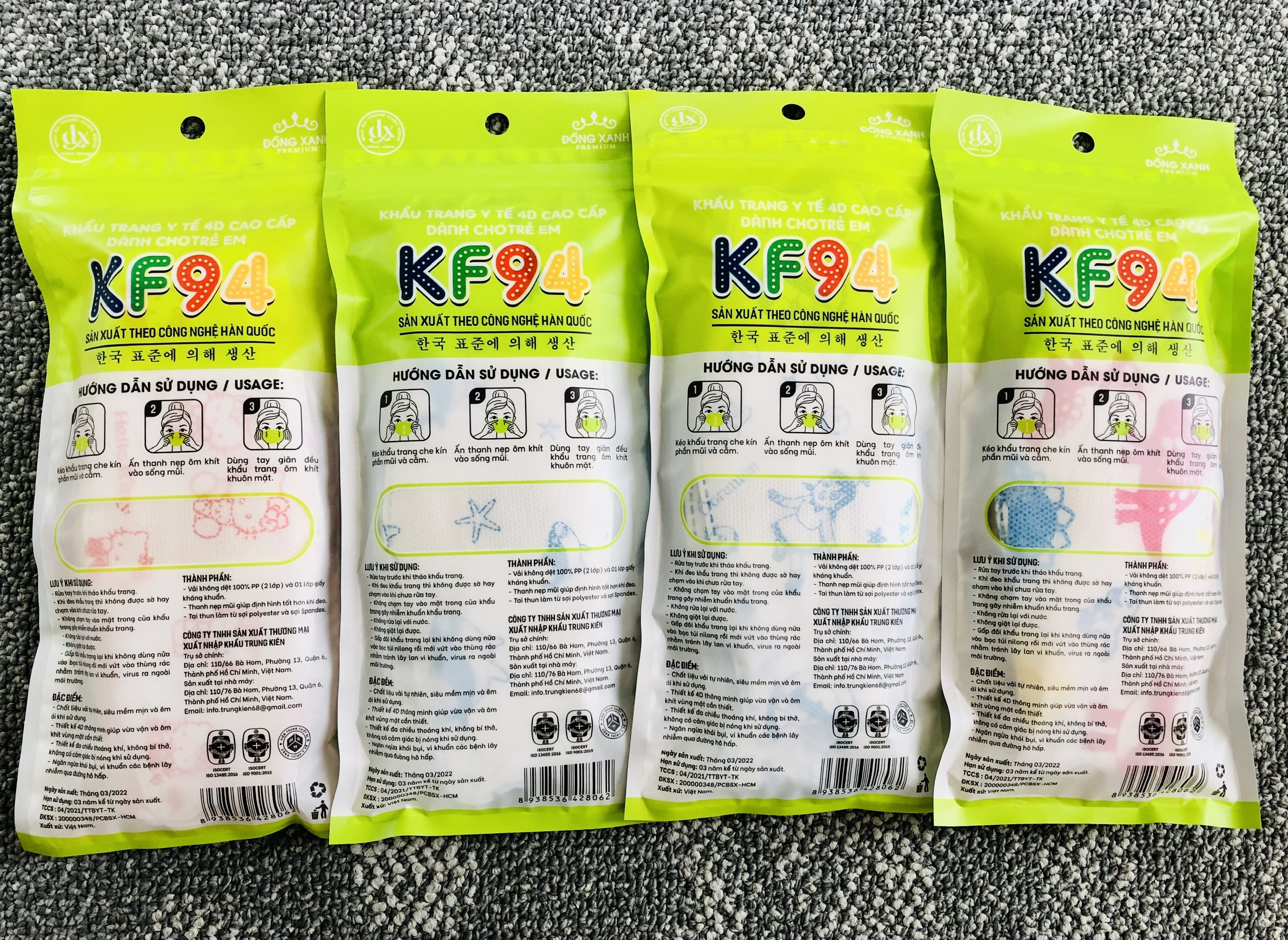 30 TÚI KHẨU TRANG KF94 TRẺ EM ĐỒNG XANH PREMIUM