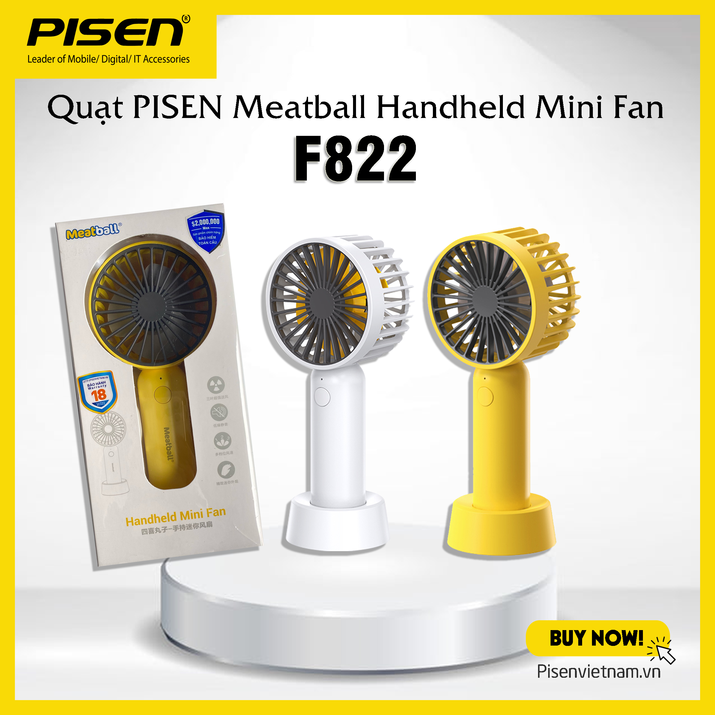 Quạt PISEN Meatball Handheld Mini Fan F822 vàng/ trắng - Hàng chính hãng
