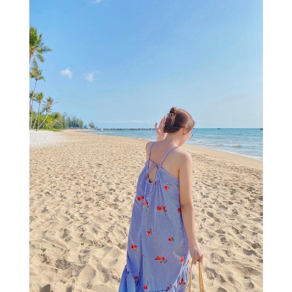 Đầm yếm 2 dây suông hở lưng, Đầm suông sọc hoa đi biển Cao Cấp form rộng sexy thoáng mát - MiNhi