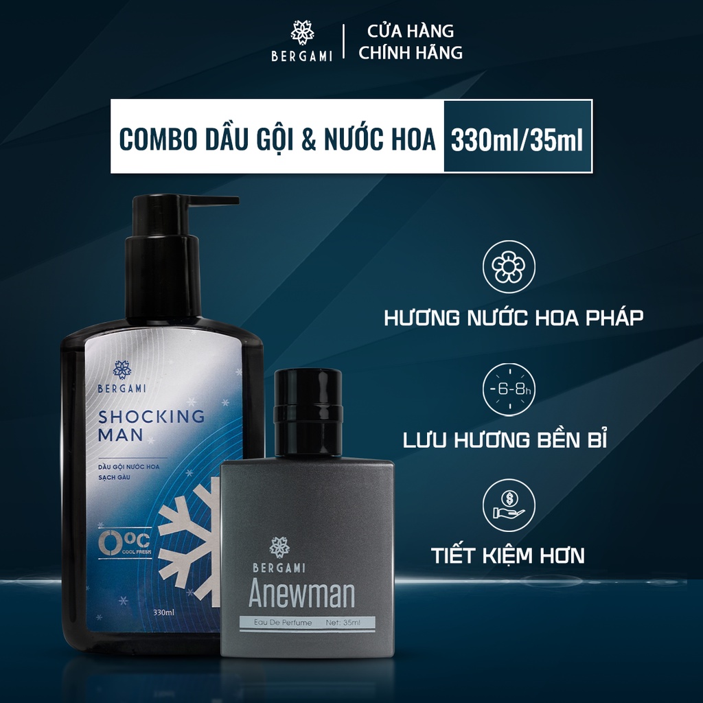 Bộ Quà Tặng Nam Dầu gội Nam Bergami hương nước hoa cao cấp 330ml &amp; Nước hoa nam Bergami chính hãng mê hoặc XẠ HƯƠNG 35ml - ShockingMan