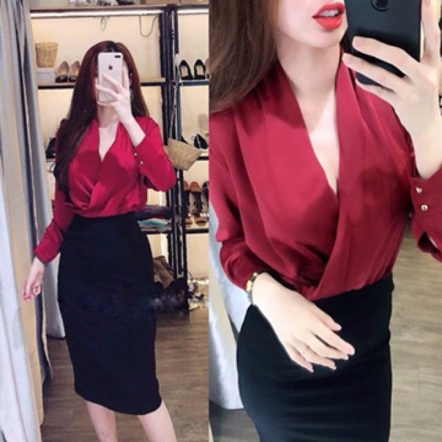 Áo sơmi vạt chéo lụa satin