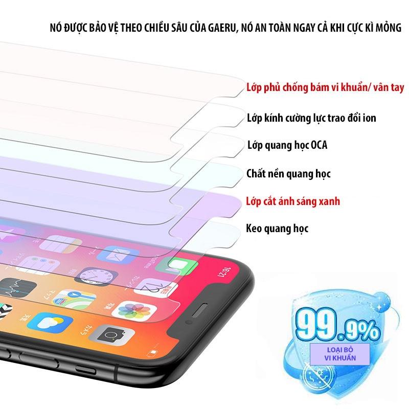 Kính cường lực GAERU Full viền cho iPhone XS 11 12 13 PRO PRO MAX kháng khuẩn cắt ánh sáng xanh bảo vệ mẳt