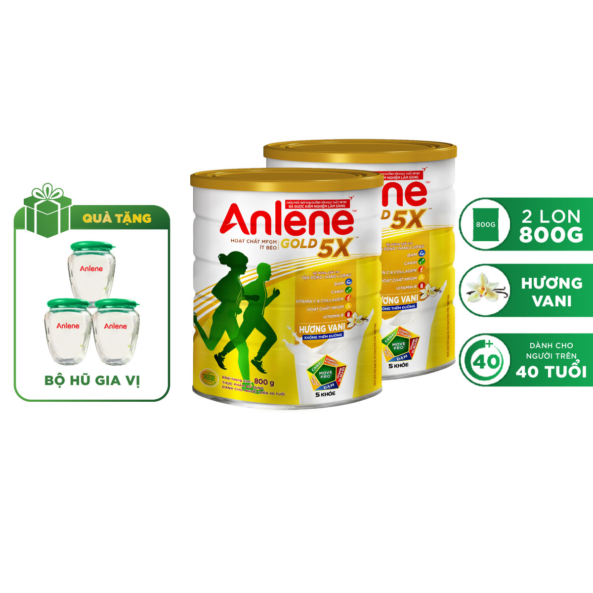 Combo 2 Sữa Bột Anlene Gold 5X Hương Vanilla (Hộp Thiếc 800g) tặng set 3 hũ gia vị