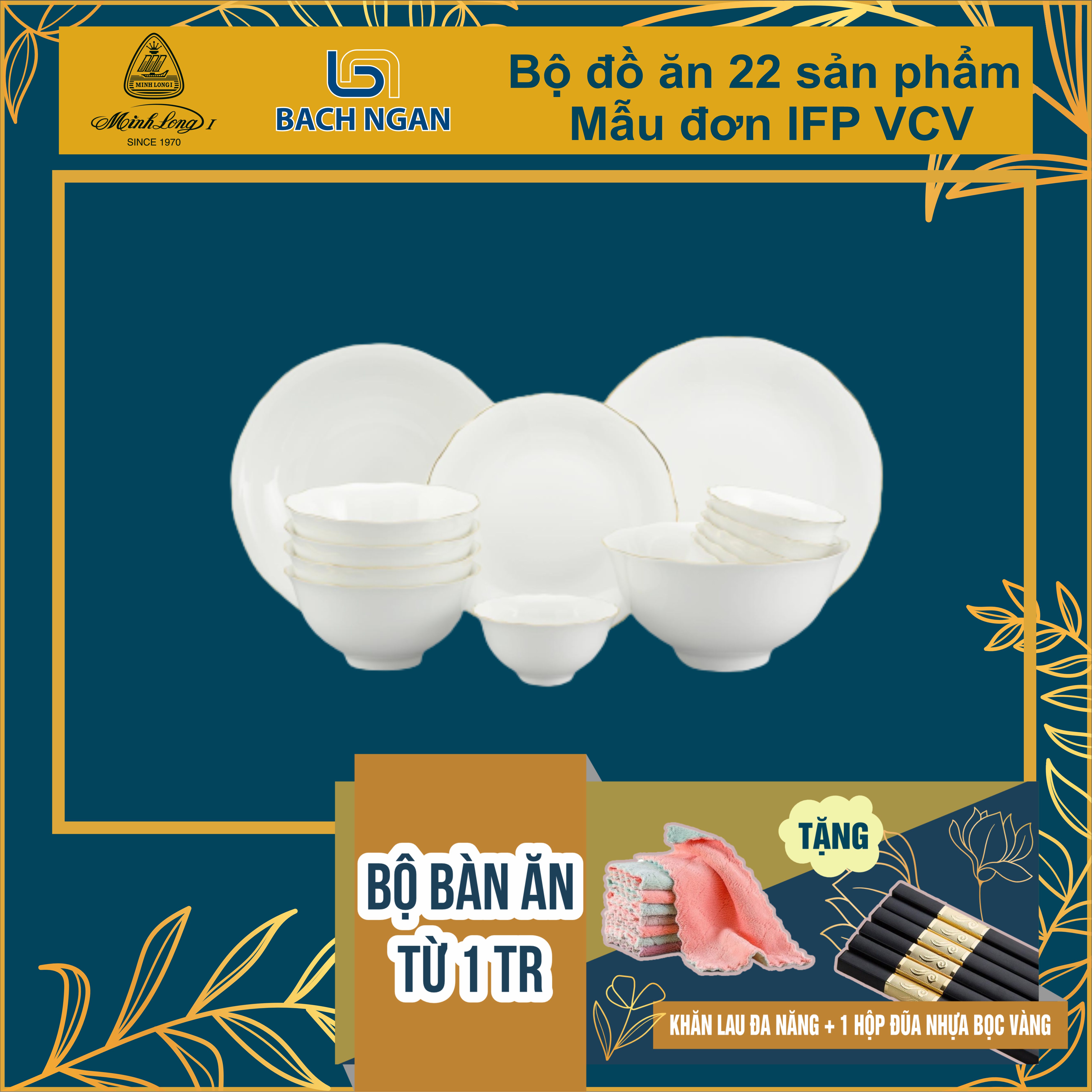 Bộ bàn ăn 22sp Mẫu Đơn IFP VCV – Gốm sứ cao cấp Minh Long I