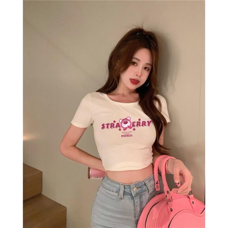 Áo croptop tay ngắn PINKSTORE29 in chữ STRAWBERRY phong cách đơn giản A5531