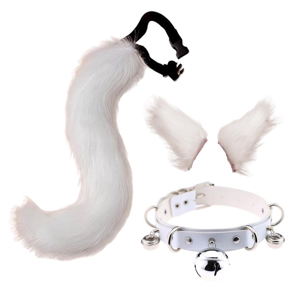 Long Leather Choker Set Kitty Cosplay Costume Kits - White