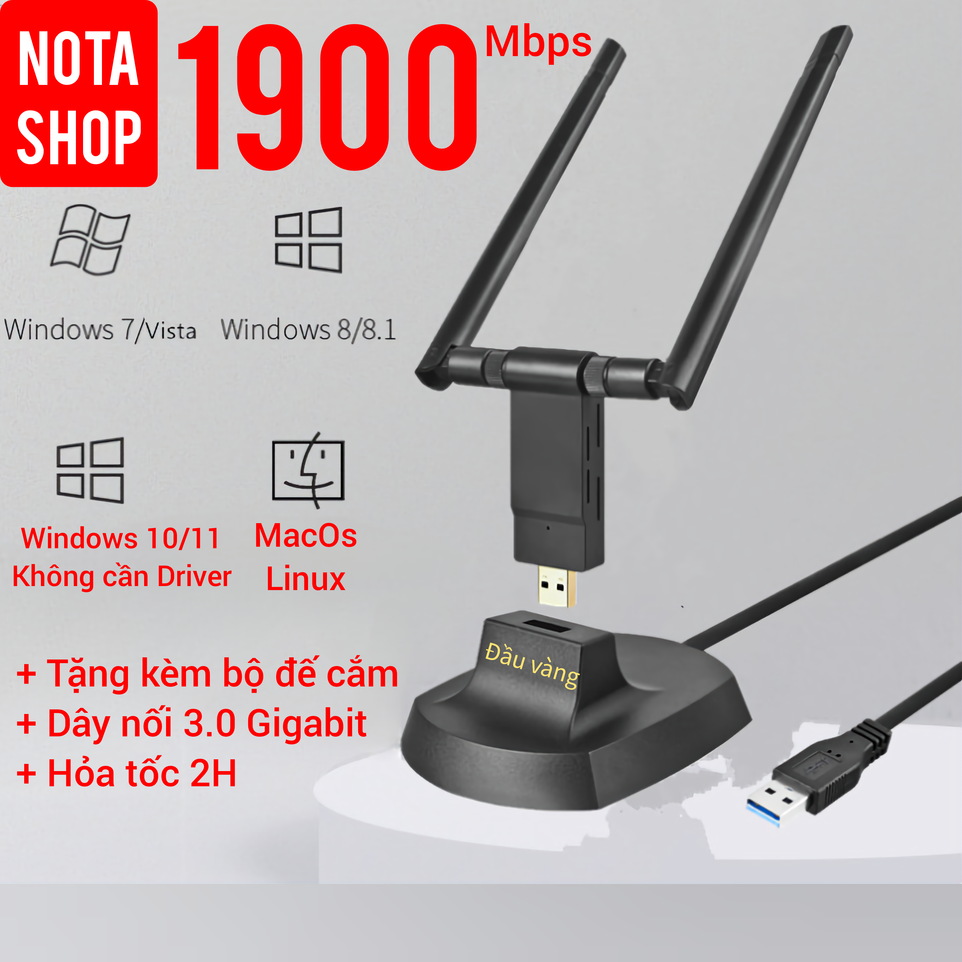 Nâng cấp WiFi 5G dễ dàng với USB WIFI 3.0 siêu tốc 1750Mbps bắt 5GHz cho máy bàn PC laptop - Nota 1750Mb Anten Đôi Pro