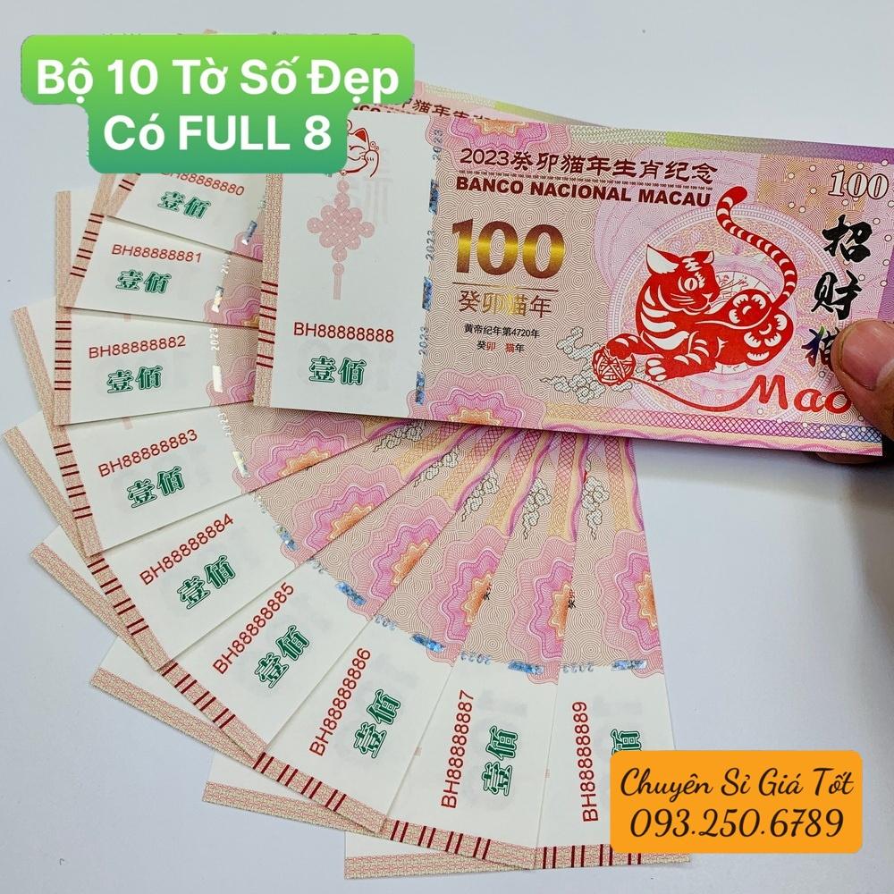 Bộ 10 Tờ Số Đẹp, có Full 8 - Tiền phong thủy hình Mèo Macao 100 kèm bao lì xì Tết 2023