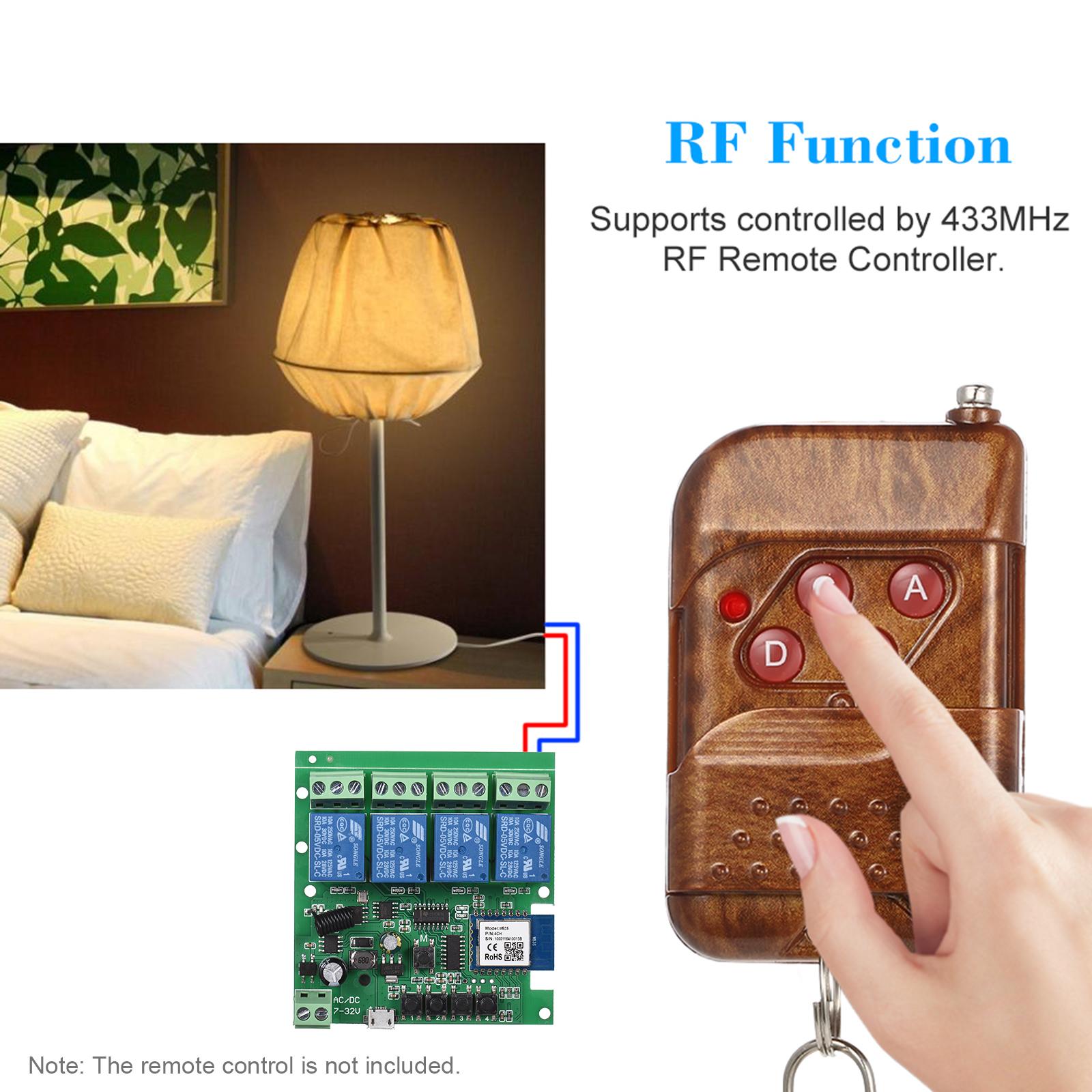 Tuya WiFi+BT 433Mhz Smart Remote Control Wireless Switch Universal Module 4ch DC 5V Wifi Switch Timer Phone APP Remote Control Support Alexa Google Home Voice Control for Smart Home