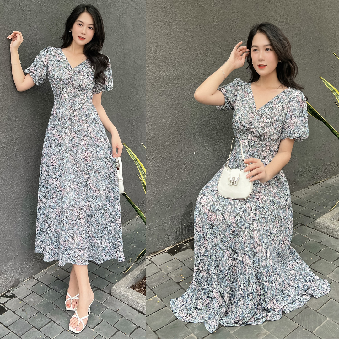 Đầm maxi hoa phối thun eo dễ thương D072-Lady Fashion - Khánh Linh Style