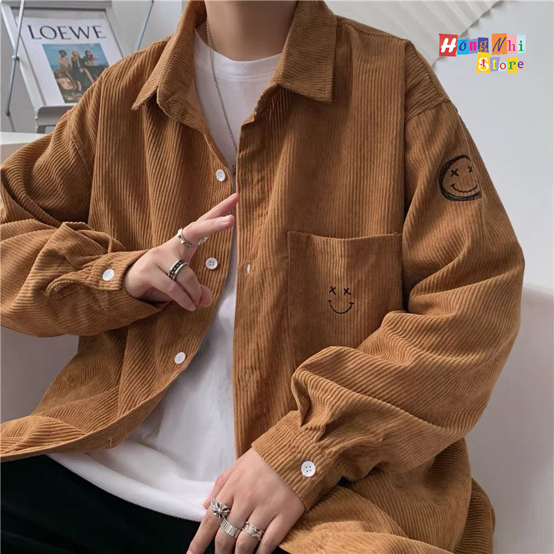 Áo Sơ Mi Nhung Tăm Thêu Hình Mặt Cười Tay Dài Dáng Rộng Nam Nữ Ulzzang Unisex - MM