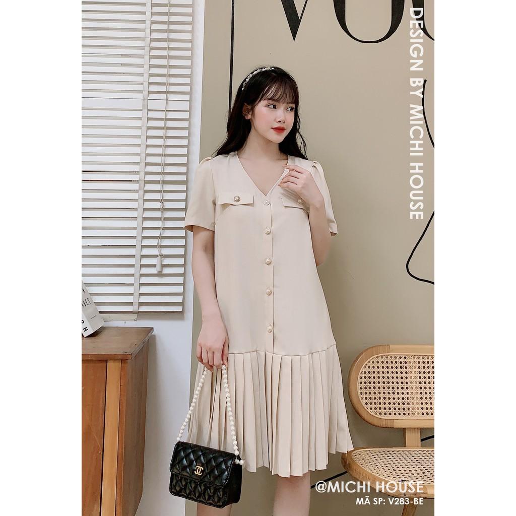Váy Suông Công Sở Dáng Rộng V283 Đầm Xuông Thiết Kế Cổ V Chân Váy Xếp Ly Mặc Bầu Xinh