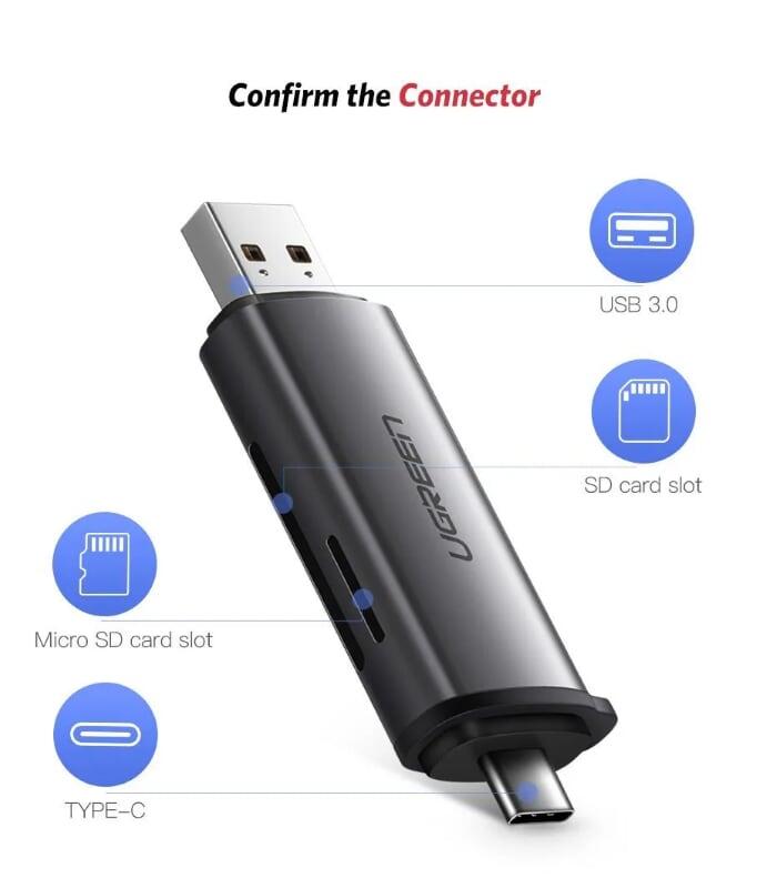 Ugreen UG50706CM185TK Màu Xám Đầu đọc thẻ nhớ TYPE C + USB 3.0 sang TF + SD - HÀNG CHÍNH HÃNG