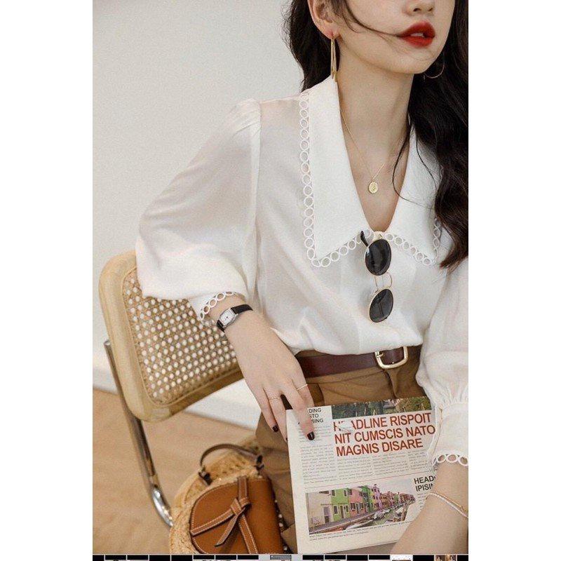Áo sơ mi nữ công sở thời trang SURI tiểu thư viền ren bèo cổ kiểu Hàn Quốc màu trắng trẻ trung