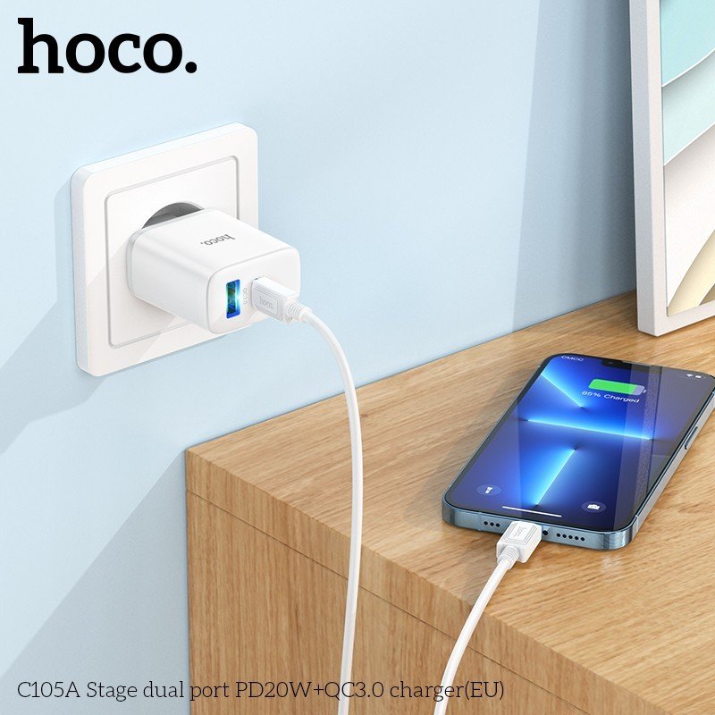 Cóc Sạc Nhanh Hoco. Dành Cho C105A Pd20W + Qc3.0 2 Cổng Sạc USB Và Type-C Có Đèn Led Hàng Chính Hãng